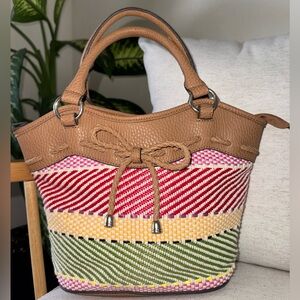Bueno Multicolor Straw Woven Women’s Handbag Purse Bow Detail Faux Learher Trim